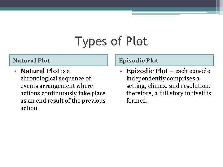 Types of Plot Natural Plot Episodic Plot • Natural Plot is a chronological sequence