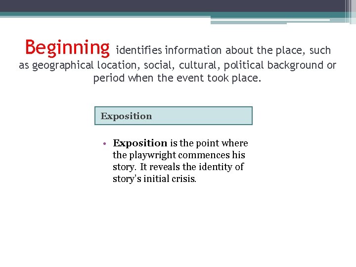Beginning identifies information about the place, such as geographical location, social, cultural, political background