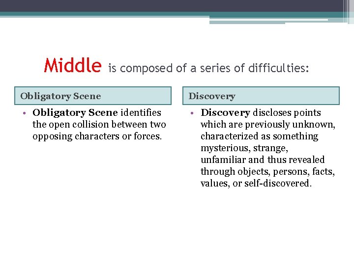 Middle is composed of a series of difficulties: Obligatory Scene Discovery • Obligatory Scene