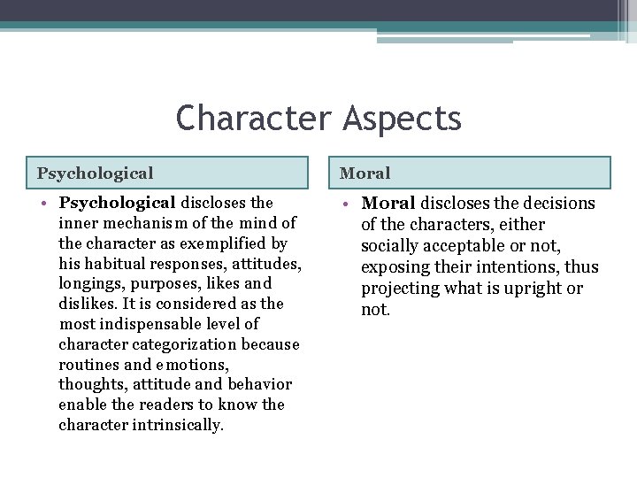 Character Aspects Psychological Moral • Psychological discloses the inner mechanism of the mind of