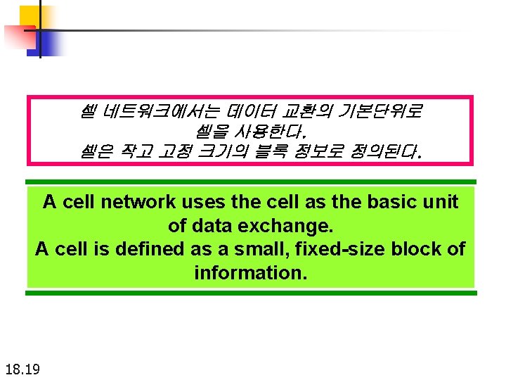 셀 네트워크에서는 데이터 교환의 기본단위로 셀을 사용한다. 셀은 작고 고정 크기의 블록 정보로 정의된다.