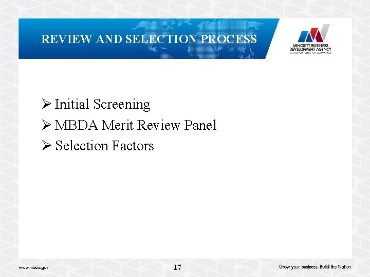 REVIEW AND SELECTION PROCESS Ø Initial Screening Ø MBDA Merit Review Panel Ø Selection