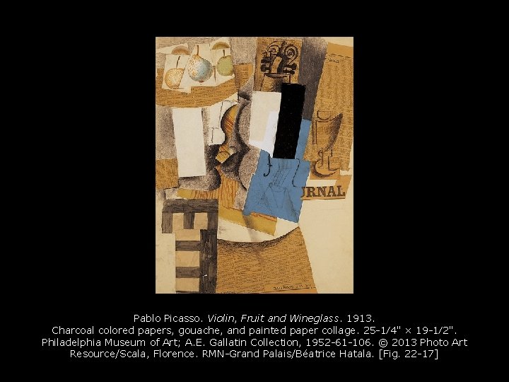 Pablo Picasso. Violin, Fruit and Wineglass. 1913. Charcoal colored papers, gouache, and painted paper