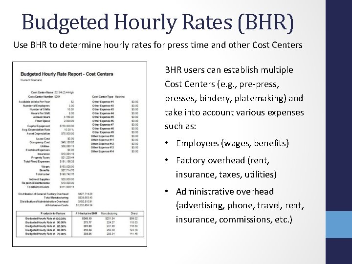 Budgeted Hourly Rates (BHR) Use BHR to determine hourly rates for press time and Budgeted Hourly Rates (BHR) Use BHR to determine hourly rates for press time and
