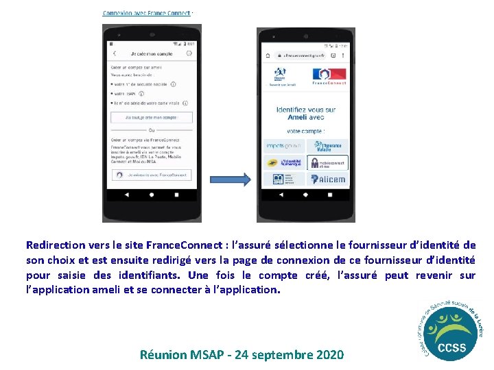 Redirection vers le site France. Connect : l’assuré sélectionne le fournisseur d’identité de son