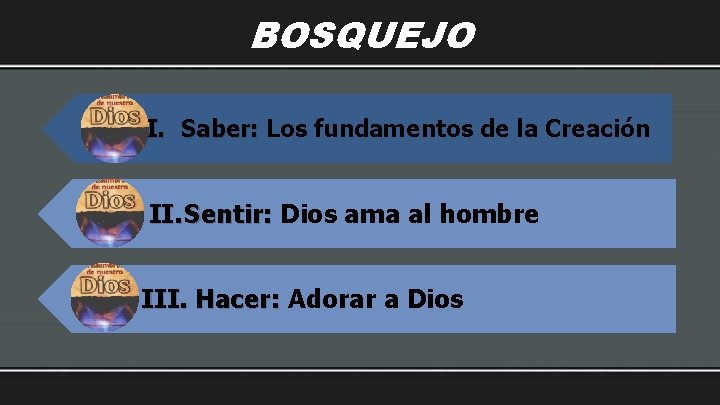 BOSQUEJO I. Saber: Los fundamentos de la Creación II. Sentir: Dios ama al hombre