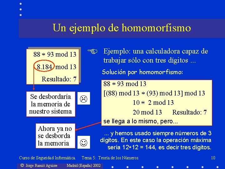 Un ejemplo de homomorfismo 88 93 mod 13 Ejemplo: una calculadora capaz de trabajar