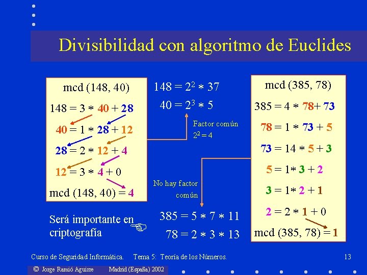 Divisibilidad con algoritmo de Euclides mcd (148, 40) 148 = 3 40 + 28