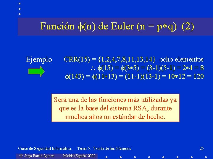 Función (n) de Euler (n = p q) (2) Ejemplo CRR(15) = {1, 2,