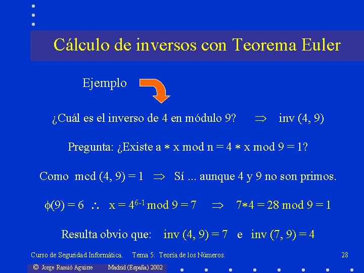 Cálculo de inversos con Teorema Euler Ejemplo ¿Cuál es el inverso de 4 en