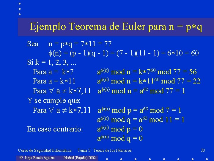 Ejemplo Teorema de Euler para n = p q Sea n = p q