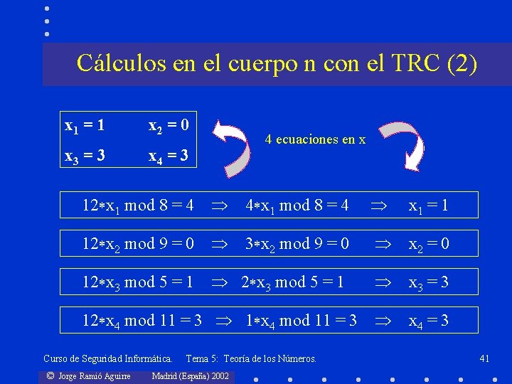 Cálculos en el cuerpo n con el TRC (2) x 1 = 1 x