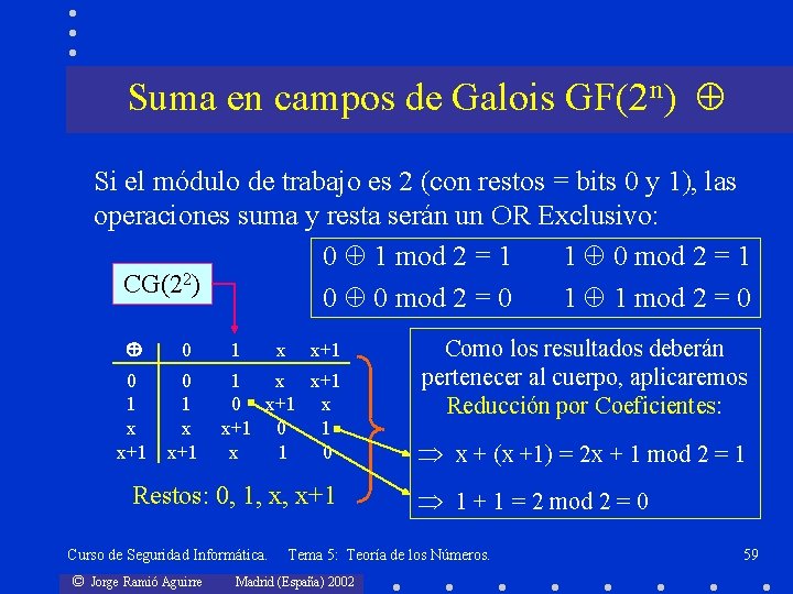 Suma en campos de Galois GF(2 n) Si el módulo de trabajo es 2