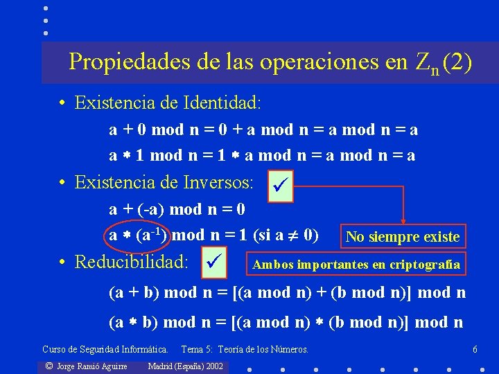 Propiedades de las operaciones en Zn (2) • Existencia de Identidad: a + 0