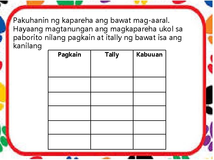 Pakuhanin ng kapareha ang bawat mag-aaral. Hayaang magtanungan ang magkapareha ukol sa paborito nilang
