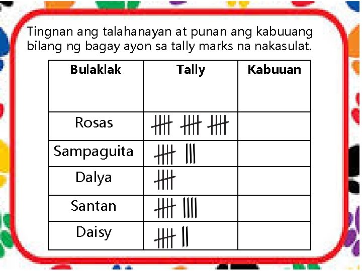 Tingnan ang talahanayan at punan ang kabuuang bilang ng bagay ayon sa tally marks