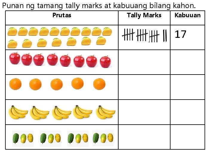 Punan ng tamang tally marks at kabuuang bilang kahon. Prutas Tally Marks Kabuuan 17