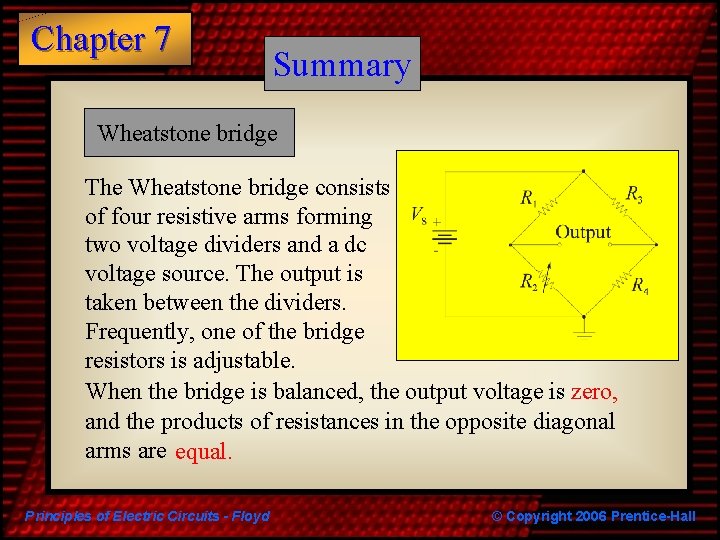 Chapter 7 Summary Wheatstone bridge The Wheatstone bridge consists of four resistive arms forming