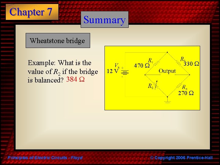 Chapter 7 Summary Wheatstone bridge Example: What is the value of R 2 if