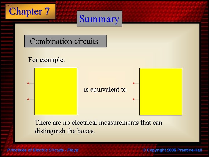 Chapter 7 Summary Combination circuits For example: is equivalent to There are no electrical