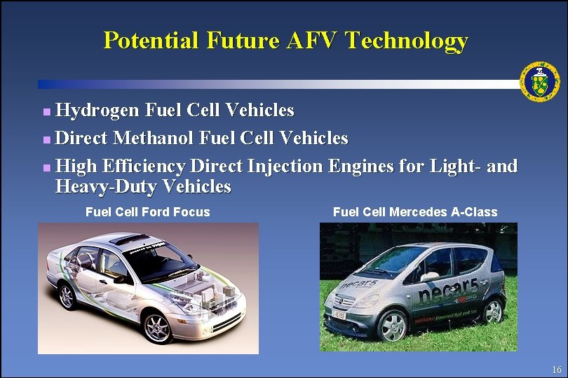 Potential Future AFV Technology Hydrogen Fuel Cell Vehicles n Direct Methanol Fuel Cell Vehicles