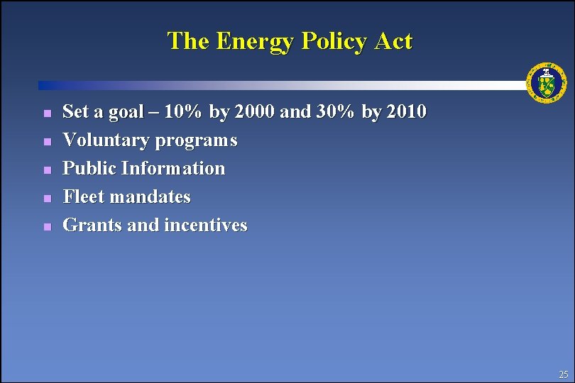The Energy Policy Act n n n Set a goal – 10% by 2000