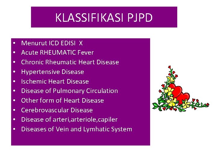 KLASSIFIKASI PJPD • • • Menurut ICD EDISI X Acute RHEUMATIC Fever Chronic Rheumatic