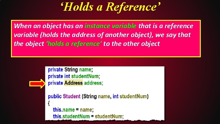 ‘Holds a Reference’ When an object has an instance variable that is a reference