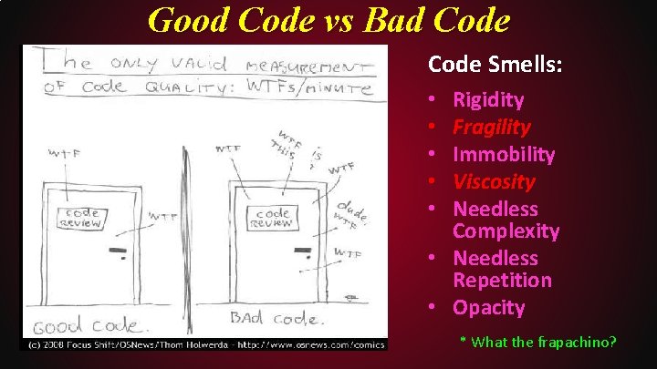 Good Code vs Bad Code Smells: Rigidity Fragility Immobility Viscosity Needless Complexity • Needless