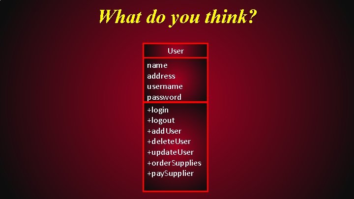 What do you think? User name address username password +login +logout +add. User +delete.