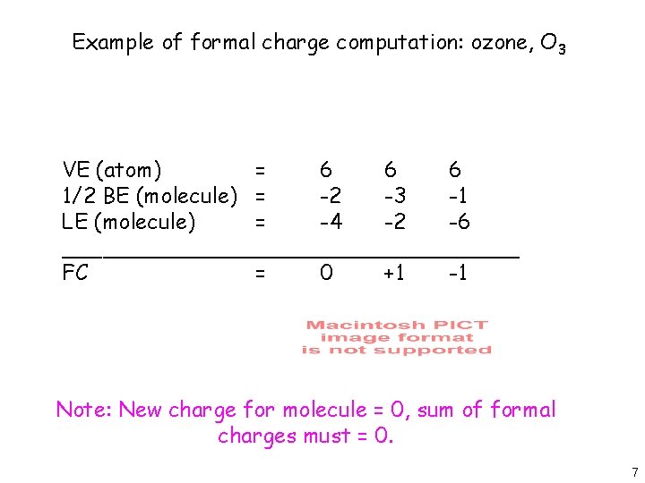 Example of formal charge computation: ozone, O 3 VE (atom) = 6 6 6