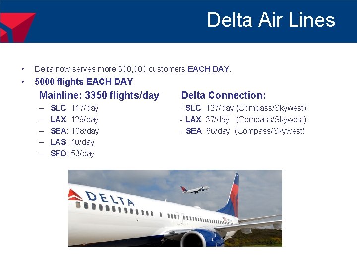 Delta Air Lines • Delta now serves more 600, 000 customers EACH DAY. •