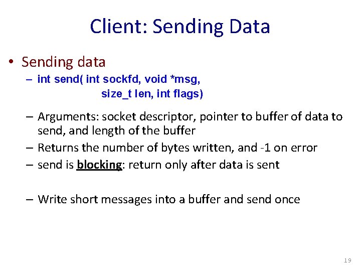 Client: Sending Data • Sending data – int send( int sockfd, void *msg, size_t