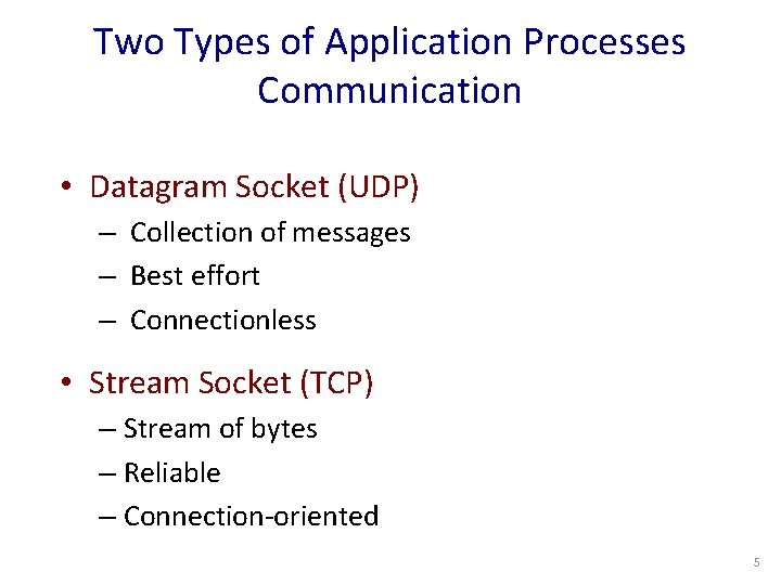 Two Types of Application Processes Communication • Datagram Socket (UDP) – Collection of messages