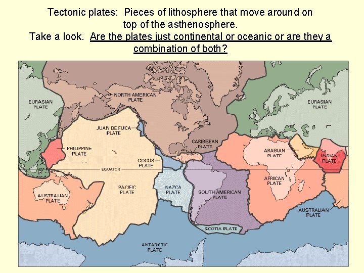 Tectonic plates: Pieces of lithosphere that move around on top of the asthenosphere. Take