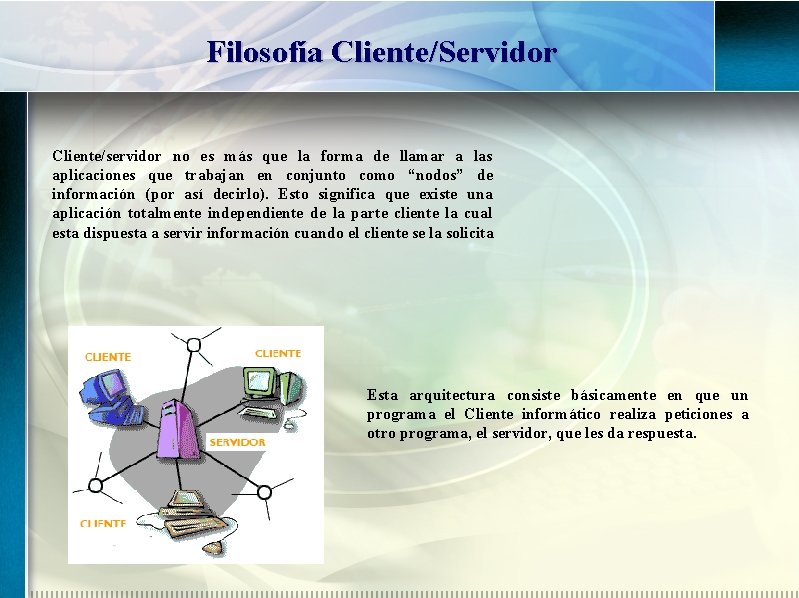 Filosofía Cliente/Servidor Cliente/servidor no es más que la forma de llamar a las aplicaciones