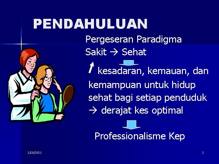 PENDAHULUAN Pergeseran Paradigma Sakit Sehat kesadaran, kemauan, dan kemampuan untuk hidup sehat bagi setiap