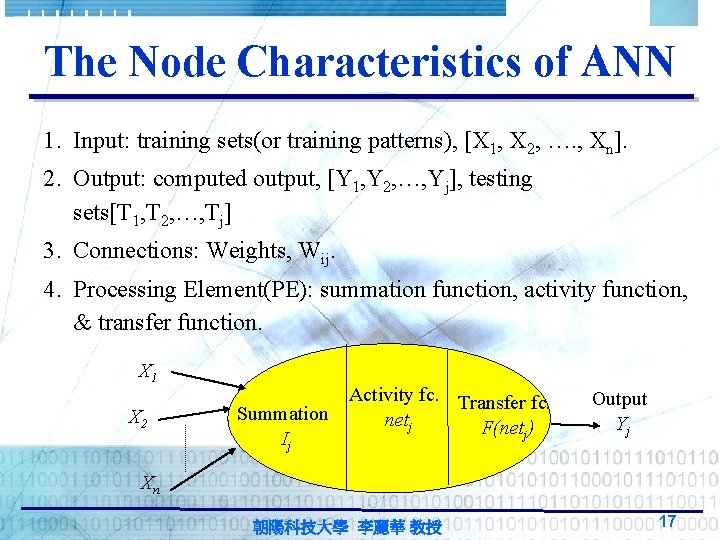 The Node Characteristics of ANN 1. Input: training sets(or training patterns), [X 1, X The Node Characteristics of ANN 1. Input: training sets(or training patterns), [X 1, X