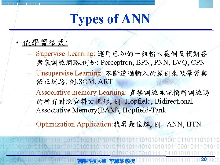 Types of ANN • 依學習型式: – Supervise Learning: 運用已知的一組輸入範例及預期答 案來訓練網路, 例如: Perceptron, BPN, PNN, Types of ANN • 依學習型式: – Supervise Learning: 運用已知的一組輸入範例及預期答 案來訓練網路, 例如: Perceptron, BPN, PNN,