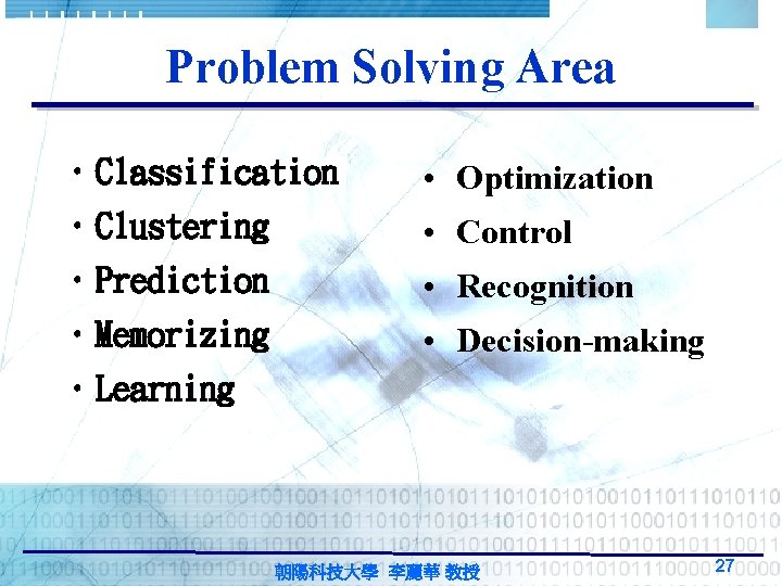 Problem Solving Area • Classification • Optimization • Clustering • Control • Prediction • Problem Solving Area • Classification • Optimization • Clustering • Control • Prediction •