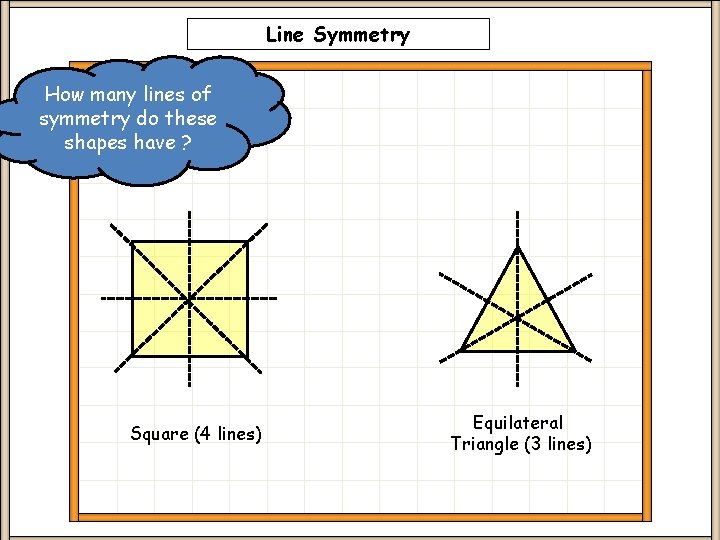 Line Symmetry How many lines of symmetry do these shapes have ? Square (4 Line Symmetry How many lines of symmetry do these shapes have ? Square (4
