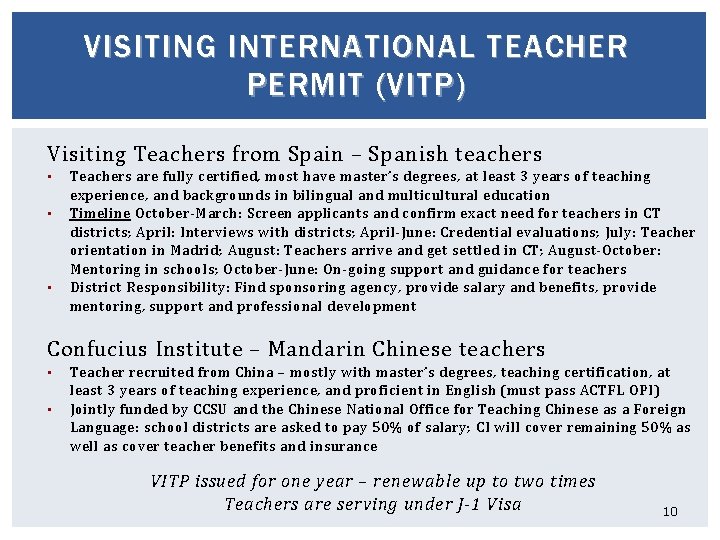 VISITING INTERNATIONAL TEACHER PERMIT (VITP) Visiting Teachers from Spain – Spanish teachers • •