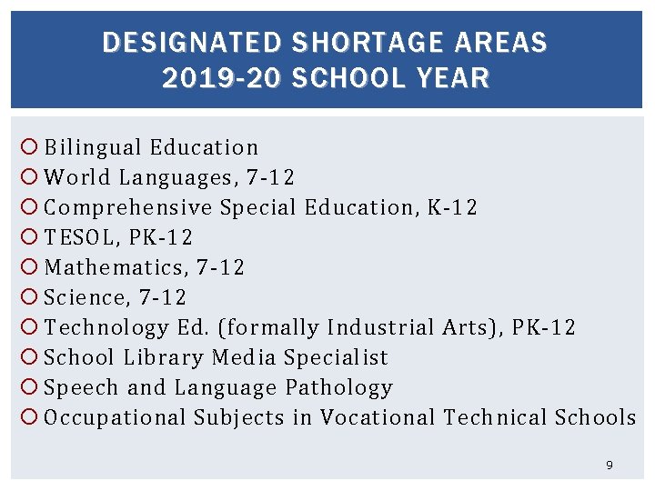 DESIGNATED SHORTAGE AREAS 2019 -20 SCHOOL YEAR Bilingual Education World Languages, 7 -12 Comprehensive