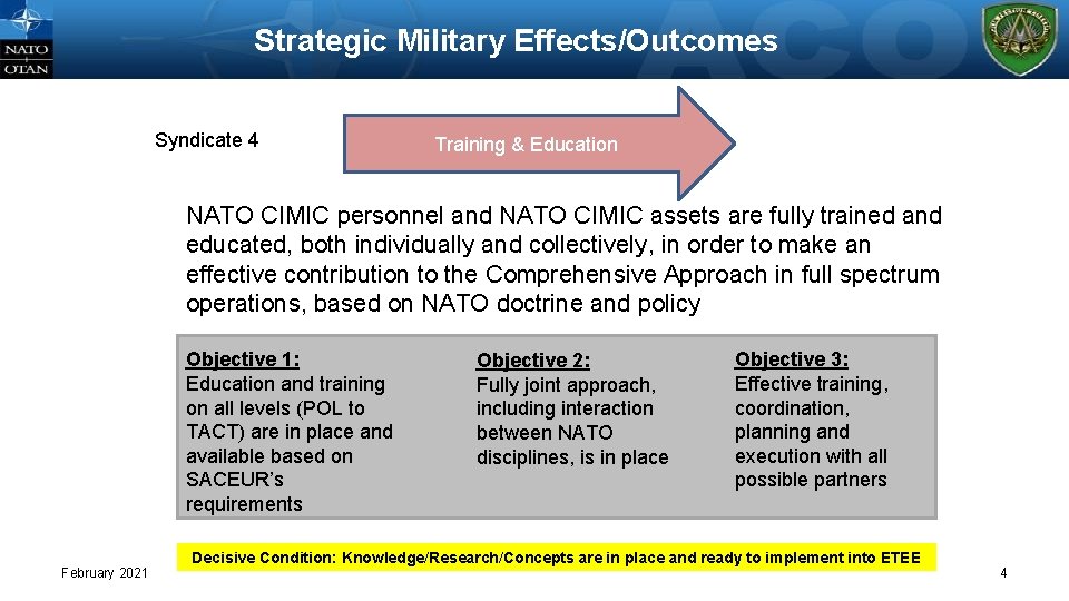 Strategic Military Effects/Outcomes Syndicate 4 Training & Education NATO CIMIC personnel and NATO CIMIC