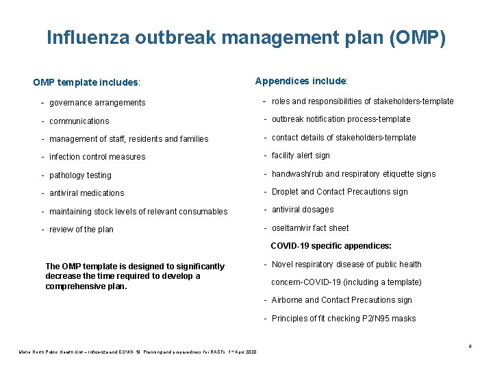 Influenza outbreak management plan (OMP) OMP template includes: Appendices include: - governance arrangements -