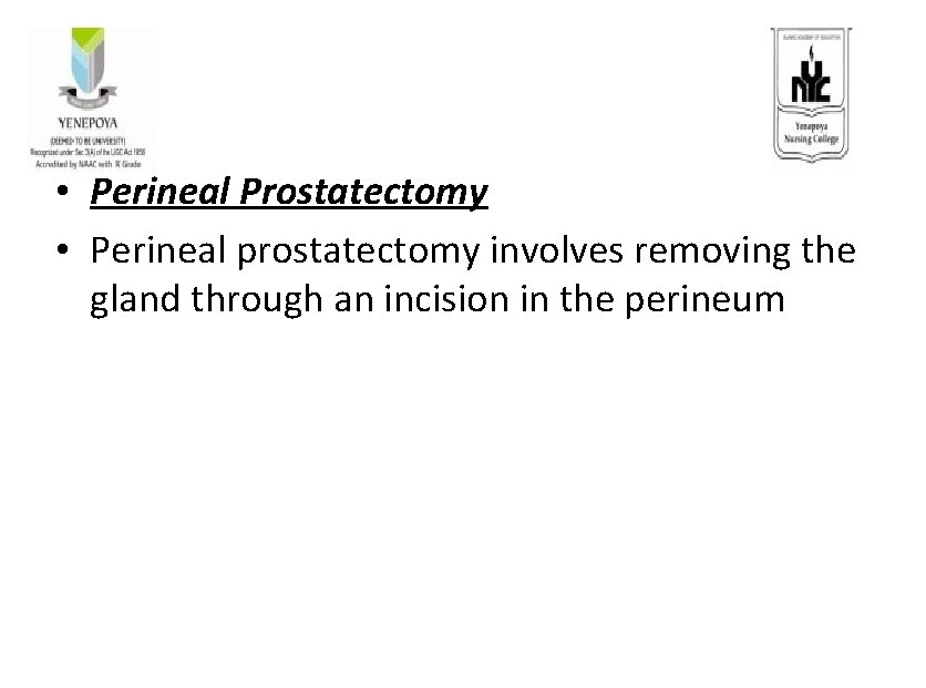  • Perineal Prostatectomy • Perineal prostatectomy involves removing the gland through an incision