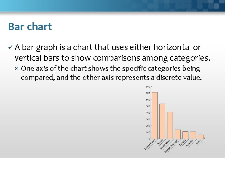 Bar chart ü A bar graph is a chart that uses either horizontal or