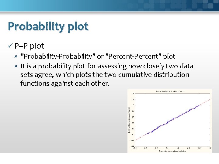 Probability plot ü P–P plot "Probability-Probability" or "Percent-Percent" plot It is a probability plot