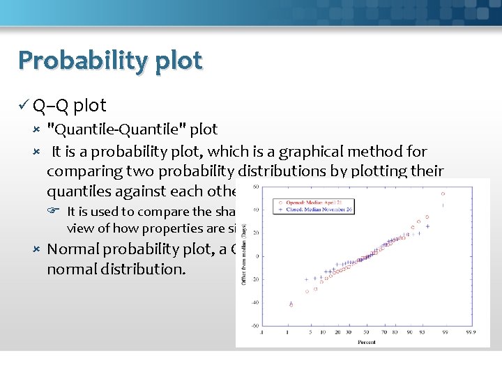 Probability plot ü Q–Q plot "Quantile-Quantile" plot It is a probability plot, which is