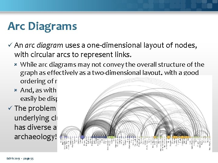 Arc Diagrams ü An arc diagram uses a one-dimensional layout of nodes, with circular